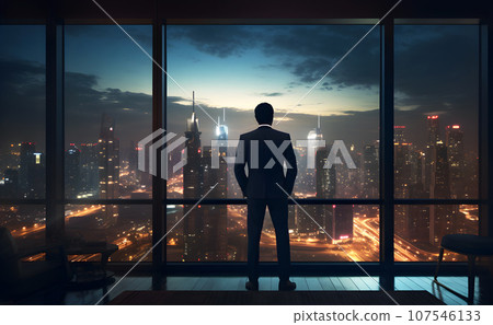 Businessman looking at the night city skyscraper from office window. Generative ai 107546133