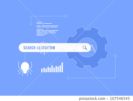 Searching Algorithms concept. Changing search engine algorithm for improve ranking results. Search algorithm update vector illustration on blue background with icons 107546545
