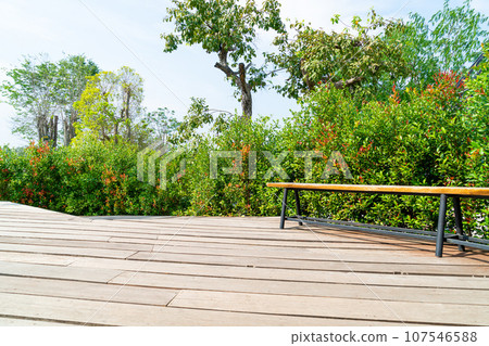 empty bench on balcony with tree background 107546588