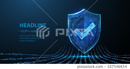 Secure technology. Polygonal wireframe shield with check mark sign on dark blue. 107546654