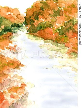 秋天的樹葉流經河流的森林的水彩插圖風景素材 107547074