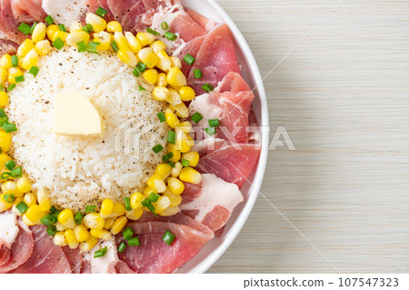 fresh pork raw sliced with rice and corn on plate and ready to cook fresh pork raw sliced with rice and corn on plate and ready to cook 107547323