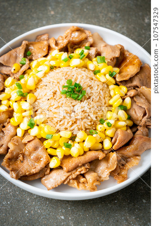 fried rice with pork sliced and corn fried rice with pork sliced and corn 107547329