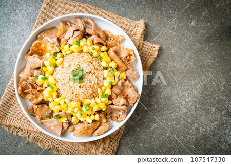 fried rice with pork sliced and corn fried rice with pork sliced and corn 107547330