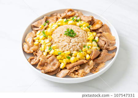 fried rice with pork sliced and corn fried rice with pork sliced and corn 107547331