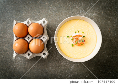 Steamed egg with shrimp and spring onions Steamed egg with shrimp and spring onions 107547409