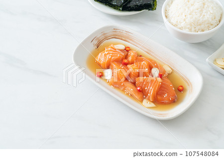 fresh salmon raw marinated shoyu or salmon pickled soy sauce 107548084