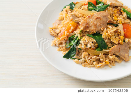 Fried rice with pork on plate 107548206