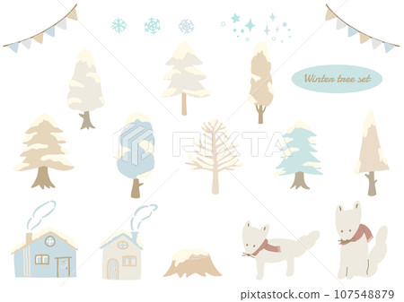 Trees and foxes with snowfall in white and beige colors, hand drawn illustration set Trees and foxes with snowfall in white and beige colors, hand drawn illustration set 107548879