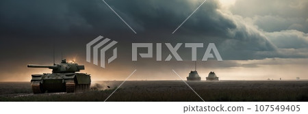 Armored tanks in row crosses a mine field during war, epic scene, forest on background, steam, fog, clouds of dust. Contemporary battlefield. Modern war. Special military operation. Generative AI 107549405