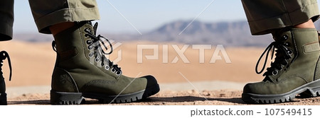 Military boots for men. Hike boots used for equipment military and special forces. Details and close-up. Contemporary battlefield. Modern war. Special military operation. Banner. Generative AI 107549415