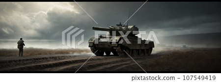 Armored tanks stand on battlefield after battle late summer or autumn evening during war, steam, fog, clouds of dust. Contemporary battlefield. Modern war. Special military operation. Generative AI 107549419