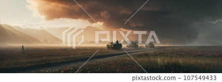 Remains of tanks destroyed and burned in battlefield. Rusty tank hull without turrets among the bushes on a forest edge. Contemporary battlefield. Modern war. Special military operation. Generative AI 107549433
