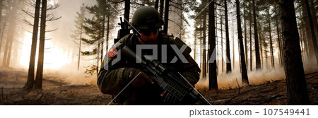 Close up of Army ranger special force in forest battle field standby ready to shoot looking around. Fire, smoke. Contemporary battlefield. Modern war. Special military operation. Banner. Generative AI 107549441