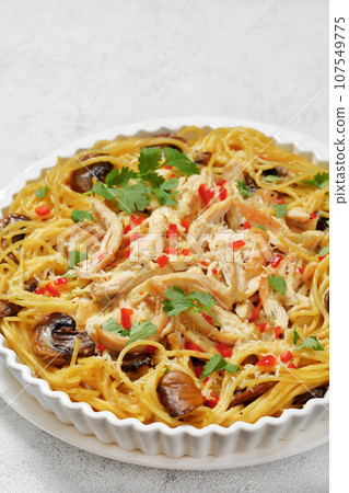 Chicken Pasta Bake with mushrooms, cheese, cream Chicken Pasta Bake with mushrooms, cheese, cream 107549775