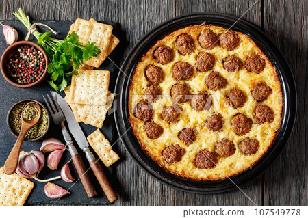 Meatball Hash Brown Casserole in baking dish Meatball Hash Brown Casserole in baking dish 107549778