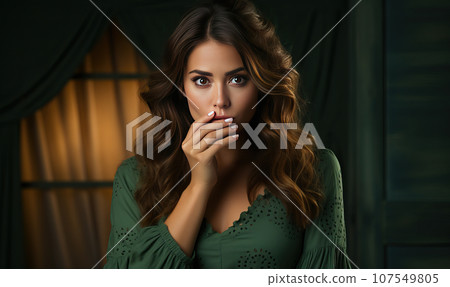 Green background with a woman pointing her finger. Green background with a woman pointing her finger. 107549805