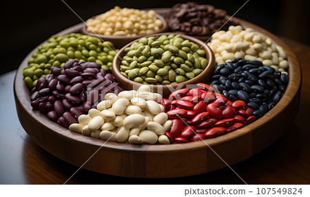 Assorted legumes in different bowls on the table. Assorted legumes in different bowls on the table. 107549824