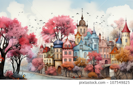Watercolor drawing, architectural houses in the autumn cityscape. Watercolor drawing, architectural houses in the autumn cityscape. 107549825
