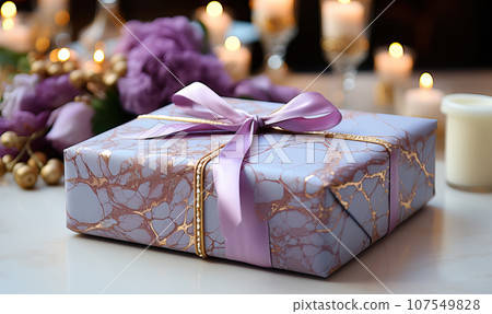 Gift box in lilac tones, on the table close-up. 107549828
