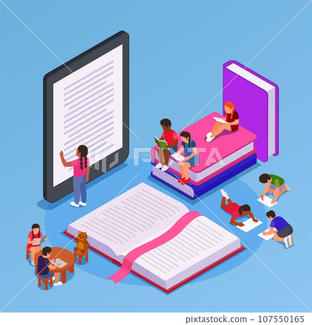 Children reading learning drawing colored isometric concept 107550165