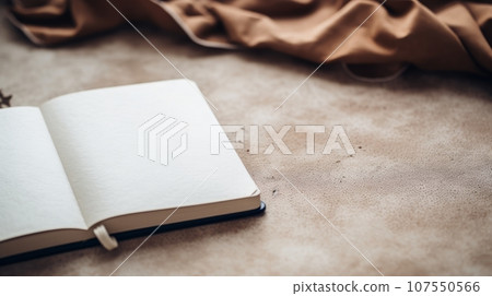 An open blank notebook on a textured beige surface with a crumpled beige cloth in the background. The image has a simple and natural aesthetic. An open blank notebook on a textured beige surface with a crumpled beige cloth in the background. The image has a simple and natural aesthetic. 107550566