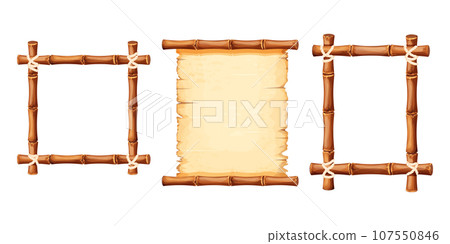 Set Bamboo frames with old parchment paper decorated with rope in cartoon style isolated on white background. Game ui board, sign Set Bamboo frames with old parchment paper decorated with rope in cartoon style isolated on white background. Game ui board, sign 107550846