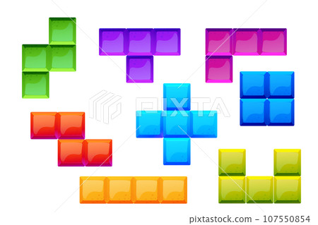 Game bricks set, colorfull blocks clasic logic game, puzzle in cartoon style isolated on white background. Creative detailed shapes Game bricks set, colorfull blocks clasic logic game, puzzle in cartoon style isolated on white background. Creative detailed shapes 107550854