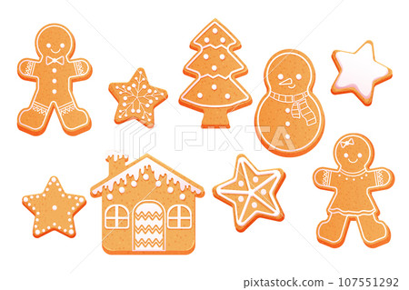 Gingerbread set cute snowman, man, stars, house and christmas tree with icing decoration, seasonal dessert, cookies in cartoon style isolated on white background. 107551292
