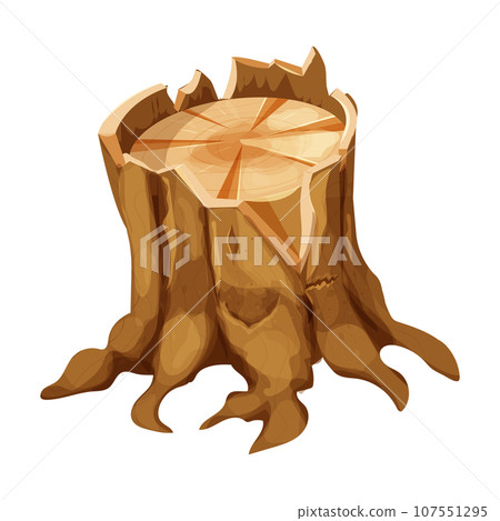 Wooden stump forest tree trunk with roots, cut section in cartoon style isolated. Plant detailed.  107551295