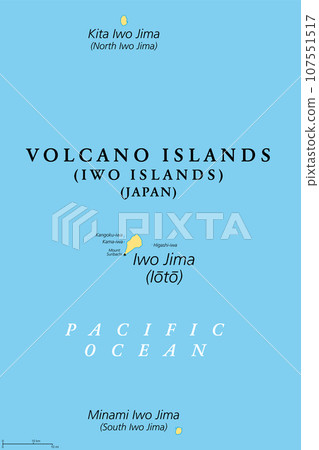 Volcano Islands, or Iwo Islands, three volcanic islands of Japan, political map. Kazan Retto with Iwo Jima, and with Kita and Minami Iwo Jima, located in the Pacific Ocean, and part of Nanpo Islands. Volcano Islands, or Iwo Islands, three volcanic islands of Japan, political map. Kazan Retto with Iwo Jima, and with Kita and Minami Iwo Jima, located in the Pacific Ocean, and part of Nanpo Islands. 107551517