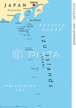 Izu Islands, volcanic island group of Japan, political map. Located in the Pacific and part of Tokyo Prefecture, stretching from Izu Peninsula of Honshu south to Sofu Iwa, with largest island Oshima. Izu Islands, volcanic island group of Japan, political map. Located in the Pacific and part of Tokyo Prefecture, stretching from Izu Peninsula of Honshu south to Sofu Iwa, with largest island Oshima. 107551518