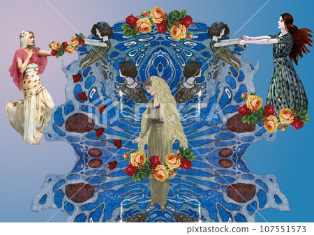 A woman, angels, and fairies scattering the ashes of a dead woman in the ocean. 107551573
