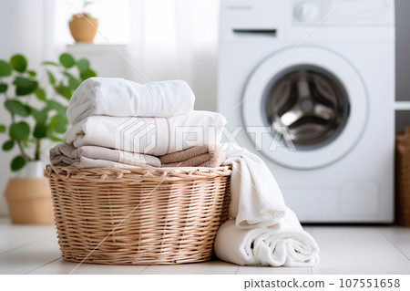 Modern washing machine in laundry room interior. Minimalist laundry room. Bathroom interior Modern washing machine in laundry room interior. Minimalist laundry room. Bathroom interior 107551658