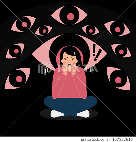 Mental disorder and Phobia. Woman sits and imagines eyes around her. Cartoon flat vector illustration. Mental disorder and Phobia. Woman sits and imagines eyes around her. Cartoon flat vector illustration. 107552616