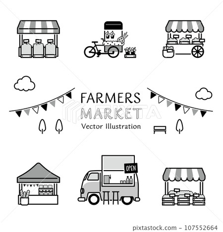 Vector illustration icon set of shops lined up at a lively farmers market 107552664