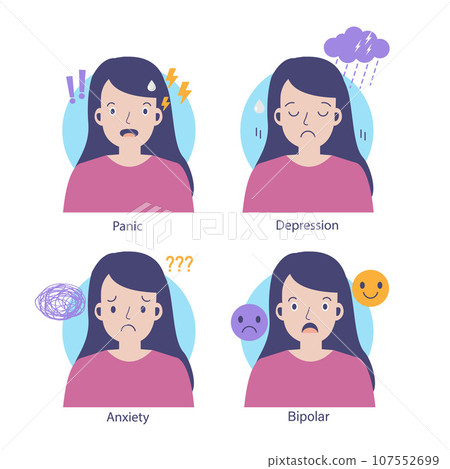 Mental health problems. Woman with panic attacks, depression, anxiet and bipolar.Flat cartoon vector illustration Mental health problems. Woman with panic attacks, depression, anxiet and bipolar.Flat cartoon vector illustration 107552699