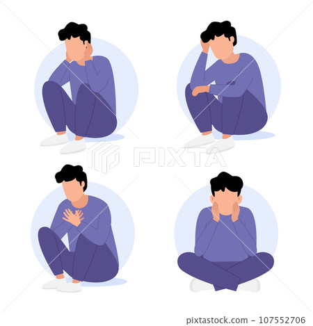 Sad man sitting on the floor.Character with psychological problems isolated on a white background. Sad man sitting on the floor.Character with psychological problems isolated on a white background. 107552706
