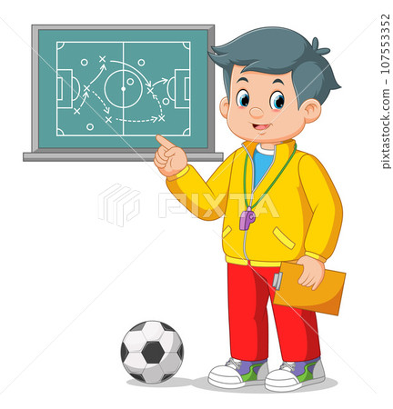 Soccer coach man drawing game plan on chalk board playbook of illustration 107553352