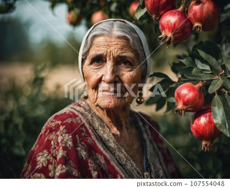 Portrait of an elderly and beautiful woman in a national costume in nature. 107554048