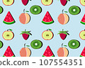 Fruit pattern with peach, kiwi, watermelon, raspberry on blue background. 107554351