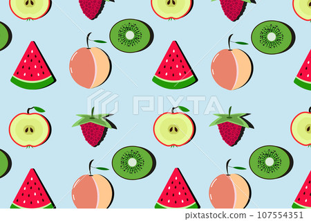 Fruit pattern with peach, kiwi, watermelon, raspberry on blue background. Fruit pattern with peach, kiwi, watermelon, raspberry on blue background. 107554351