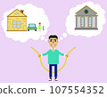 Make ends meet concept. Man holding rope connecting the bank and house with wife and kid 107554352