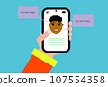 Hand holding a mobile phone with human face on screen. Space for text 107554358