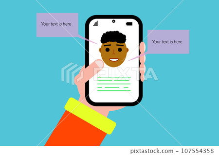 Hand holding a mobile phone with human face on screen. Space for text Hand holding a mobile phone with human face on screen. Space for text 107554358