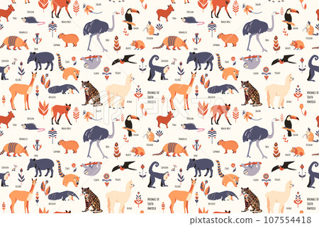 Seamless pattern with South American animals with floral elements and captions. Simple vector style, beige colors. 107554418