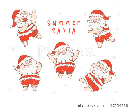Cute summer christmas santa claus collection, Kawaii Summer Christmas Holiday Cartoon doodl. greeting card. 107554518
