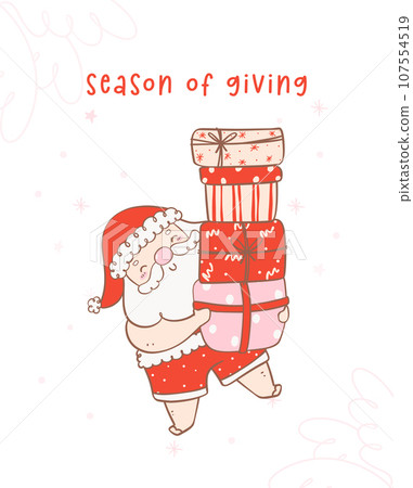 Cute summer christmas santa claus holding gifts wit heart warming smile. Kawaii Summer Christmas Holiday Cartoon doodl. season of giving 107554519