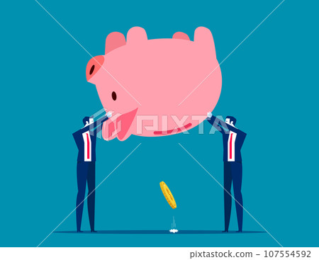 Team pour out a gold coin from the piggy bank. Business vector illustration concept 107554592