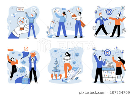 Successful project launch. Vector illustration. A project launch, giant leap towards future full of potential A successful business, landmark of effective strategies and decisions Project launch 107554709